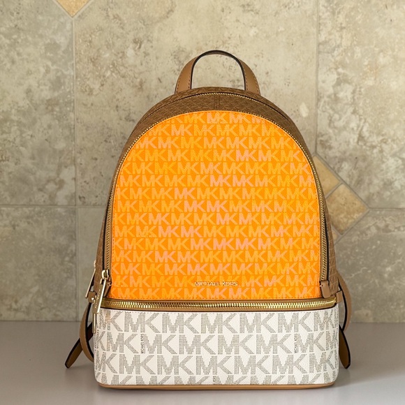 Michael Kors Rhea MD Backpack MK Color-Block Vanilla/Pop Orange - Picture 1 of 13